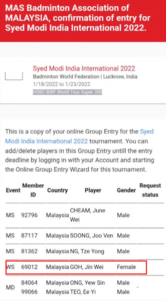 Goh Jin Wei shows she has successfully registered for the 2022 Syed Modi India International. (photo: Goh Jin Wei's YouTube)