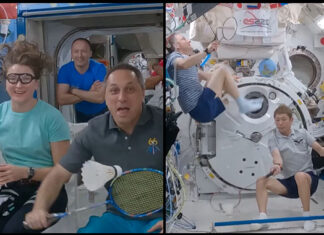 Japanese billionaire - Yusaku Maezawa, his business assistant Yozo Hirano, and other space station astronauts play floating Badminton matches in outer space. (photo: ESA/NASA)