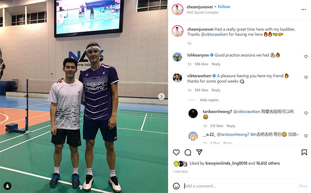 Cheam June Wei thanks Viktor Axelsen for permitting him to train in Dubai with him and Loh Kean Yew. (photo: Cheam June Wei's Instagram) Cheam June Wei thanks Viktor Axelsen for permitting him to train in Dubai with him and Loh Kean Yew. (photo: Cheam June Wei's Instagram)