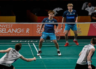 Man Wei Chong/Tee Kai Wun score the fourth point for Malaysia in the tie against Kazakhstan at the 2022 Badminton Asia Team Championships (BATC). (photo: Bernama)