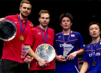 Vladimir Ivanov (left)/Ivan Sozonov (second left) defeated Hiroyuki Endo/Kenichi Hayakawa of Japan 21-23, 21-18, 21-16 to win the 2016 All England men's doubles title. (photo: BWF)