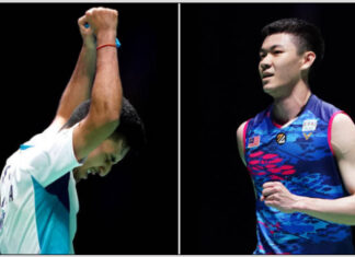 Lakshya Sen (L) beats Lee Zii Jia, becomes the first Indian player to make the All England final in 21 years. (photo: Zac Goodwin - PA Images)