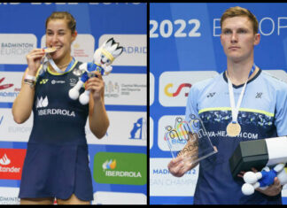 Congratulations to Carolina Marin (L) and Viktor Axelsen for winning the 2022 European Championships. (photo: SOPA Images/LightRocket)