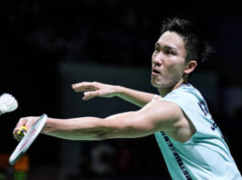 Kento Momota was seen practicing at the Axiata Arena on Sunday. (photo: Shi Tang/Getty Images)