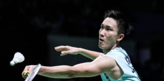 Kento Momota was seen practicing at the Axiata Arena on Sunday. (photo: Shi Tang/Getty Images)