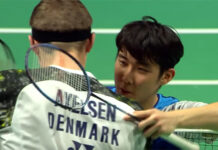 Loh Kean Yew greets Viktor Axelsen after the Denmark Open quarter-final match.