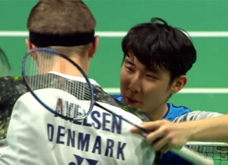 Loh Kean Yew greets Viktor Axelsen after the Denmark Open quarter-final match.