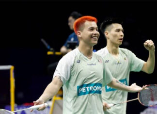 Ong Yew Sin/Teo Ee Yi celebrate after winning the third point for Malaysia over Chinese Taipei. (photo: Shi Tang/Getty Images)
