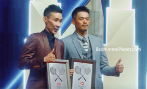 Lin Dan and Lee Chong Wei pose for pictures at the BWF Hall Of Fame induction ceremony.