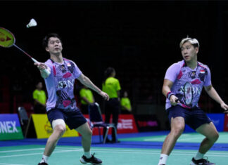 Kevin Sanjaya Sukamuljo/Marcus Fernaldi Gideon enter the 2023 Thailand Open semi-finals. (photo: Shi Tang/Getty Images)