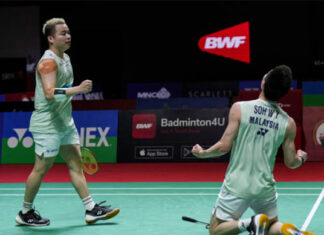 Aaron Chia/Soh Wooi Yik celebrate after beating Akira Koga/Taichi Saito in the 2023 Indonesia Open quarter-finals. (photo: Shi Tang/Getty Images)