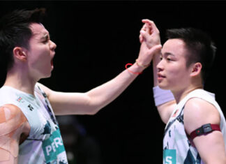 Aaron Chia/Soh Wooi Yik celebrate after winning the 2024 All-England semi-finals. (photo: Catherine Ivill/Getty Images)
