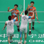 Goh Sze Fei/Nur Izzuddin thanked Aaron Chia/Soh Wooi Yik after their 2024 BAC semi-final victory. (Photo: Fred Lee/Getty Images)