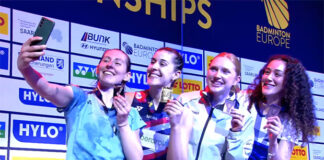 After securing her unprecedented 7th consecutive European Championships title, Carolina Marin poses for photos with the other women's singles winners. (Photo: Badminton Europe)