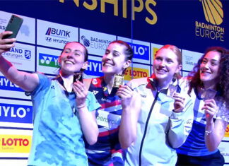 After securing her unprecedented 7th consecutive European Championships title, Carolina Marin poses for photos with the other women's singles winners. (Photo: Badminton Europe)