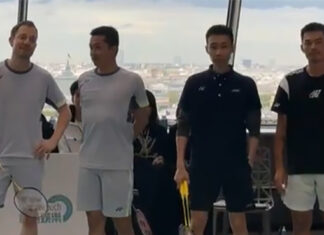 Peter Gade, Taufik Hidayat, Lee Chong Wei and Lin Dan at the "Paris 100 China-France Badminton Charity Gala". (Photo: Lee Chong Wei's Facebook)