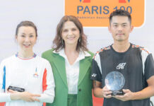 Maggie Cheung Man-yuk, Juliette Binoche, and Lin Dan at the China France Badminton Charity Gala. (Photo: Lin Dan's Facebook)