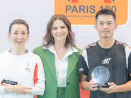 Maggie Cheung Man-yuk, Juliette Binoche, and Lin Dan at the China France Badminton Charity Gala. (Photo: Lin Dan's Facebook)