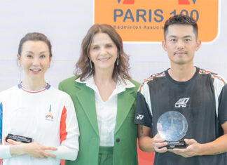 Maggie Cheung Man-yuk, Juliette Binoche, and Lin Dan at the China France Badminton Charity Gala. (Photo: Lin Dan's Facebook)