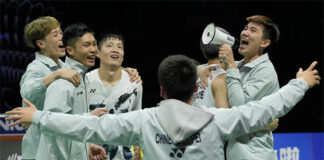 The Taiwanese players rush to the badminton court to celebrate after defeating Denmark 3-1 in the 2024 Thomas Cup quarterfinals. (Photo: Shi Tang/Getty Images)