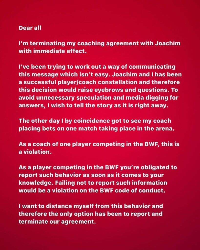 Anders Antonsen's announcement of terminating his coach Joachim Persson - Page 1. (Photo: Anders Antonsen's IG)