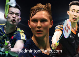 Three badminton legends captured in a single frame: Lin Dan, Viktor Axelsen, and Lee Chong Wei.