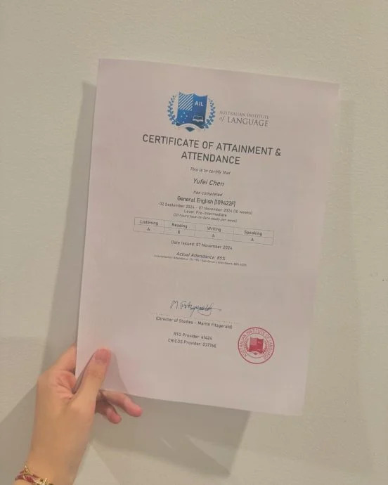 Certificate of attainment and attendance for Chen Yufei. (Photo: Chen Yufei's IG)