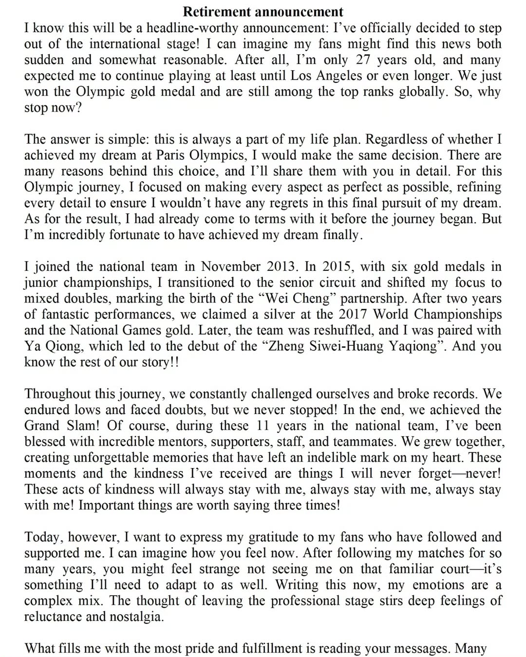 Zheng Siwei's retirement announcement - English version part 1. (photo: Zheng Siwei's IG)