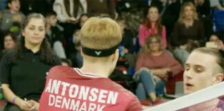 Anders Antonsen beats Alex Lanier 21-19, 21-18 to give Denmark a 2-0 lead in the European Mixed Team Championships final. (Photo: Badminton Europe)