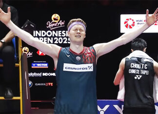 Anders Antonsen celebrates winning the 2025 Indonesia Open men’s singles title after defeating Chou Tien Chen. (Photo: BWF)