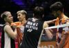Man Wei Chong and Tee Kai Wun greet Christo and Toma Junior Popov following their opening-round clash at the 2025 Badminton World Championships in Paris. (Photo: AFP)