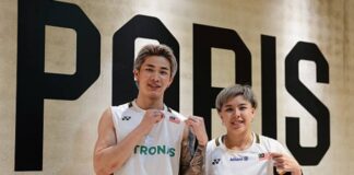 Chen Tang Jie and Toh Ee Wei celebrate after their semi-final victory over Thom Gicquel and Delphine Delrue at the 2025 Badminton World Championships in Paris. (Photo: AFP)