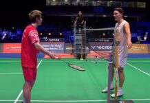 Shi Yuqi exchanges words with Viktor Axelsen during their heated 2025 Denmark Open semi-final match. (Photo: BWF)