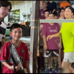 Kento Momota (R) and Seo Seung Jae happily playing and posing for photos with Malaysian badminton fans. (Photo: Internet)