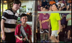 Kento Momota (R) and Seo Seung Jae happily playing and posing for photos with Malaysian badminton fans. (Photo: Internet)