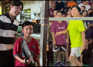 Kento Momota (R) and Seo Seung Jae happily playing and posing for photos with Malaysian badminton fans. (Photo: Internet)