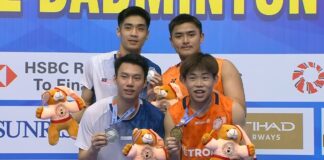 Congratulations to both Aaron Tai (right front)–Kang Khai Xing (right back) and Chia Wei Jie (left front)–Lwi Sheng Hao (left back) for reaching the 2025 Syed Modi International final. (Photo: BWF)