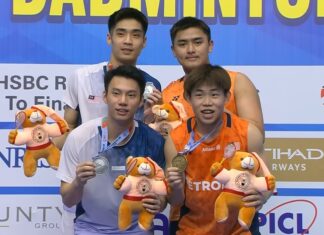 Congratulations to both Aaron Tai (right front)–Kang Khai Xing (right back) and Chia Wei Jie (left front)–Lwi Sheng Hao (left back) for reaching the 2025 Syed Modi International final. (Photo: BWF)