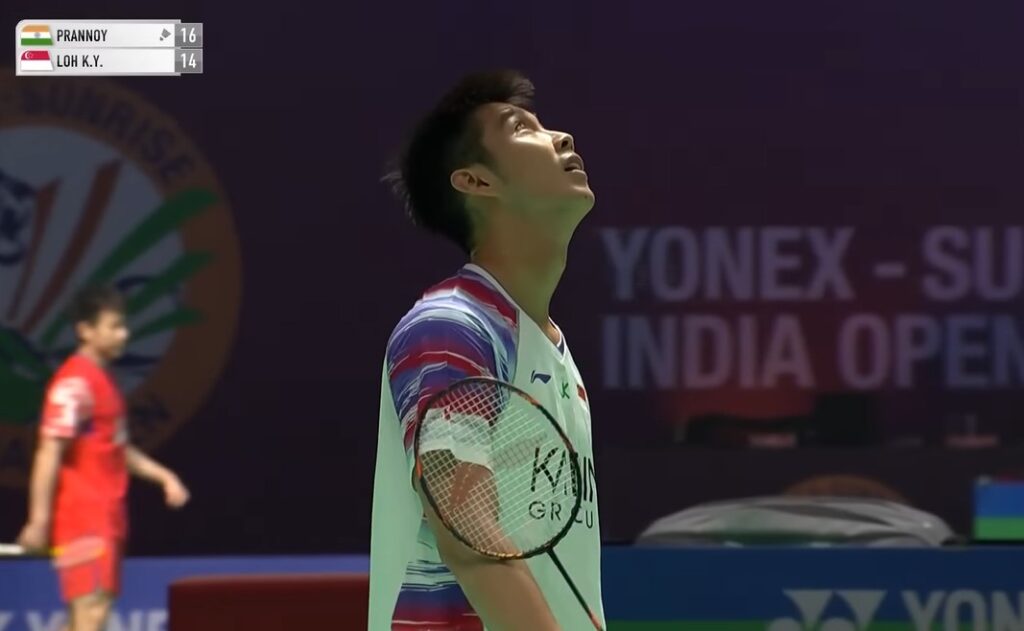 Singapore’s Loh Kean Yew pauses play and stares at the bird that pooped on his court during his second-round match against HS Prannoy at the 2026 India Open. (Photo: BWF)