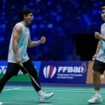Goh Sze Fei and Nur Izzuddin celebrate after securing a hard-fought victory to reach the quarter-finals of the 2026 Indonesia Masters in Jakarta. (Photo: AFP)