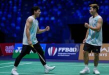 Goh Sze Fei and Nur Izzuddin celebrate after securing a hard-fought victory to reach the quarter-finals of the 2026 Indonesia Masters in Jakarta. (Photo: AFP)