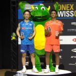 Yushi Tanaka (L) and Alwi Farhan pose for photos at the 2026 Swiss Open badminton awards ceremony in Basel. (Photo: BWF)