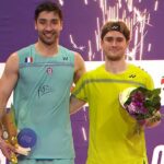 Alex Lanier (R) and Toma Junior Popov during the men’s singles awards ceremony at the 2026 Orléans Masters. (Photo: AFP)