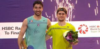 Alex Lanier (R) and Toma Junior Popov during the men’s singles awards ceremony at the 2026 Orléans Masters. (Photo: AFP)