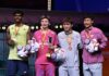 From left - Ayush Shetty, Shi Yuqi, Kunlavut Vitidsarn, and Chou Tien Chen pose for photos during the men’s singles awards ceremony at the 2026 Badminton Asia Championships. (Photo: AFP)