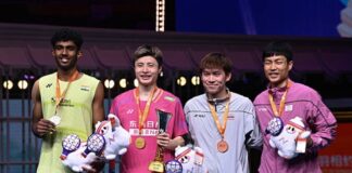 From left - Ayush Shetty, Shi Yuqi, Kunlavut Vitidsarn, and Chou Tien Chen pose for photos during the men’s singles awards ceremony at the 2026 Badminton Asia Championships. (Photo: AFP)