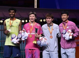 From left - Ayush Shetty, Shi Yuqi, Kunlavut Vitidsarn, and Chou Tien Chen pose for photos during the men’s singles awards ceremony at the 2026 Badminton Asia Championships. (Photo: AFP)