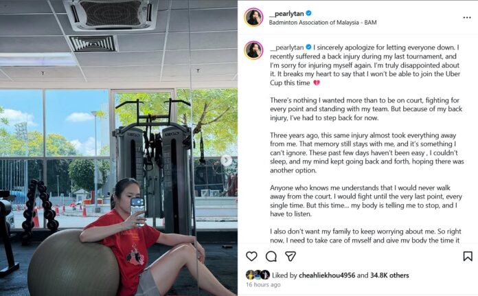 Pearly Tan Withdraws from Uber Cup 2026 Due to Recurring Back Injury. (Photo: Pearly Tan's IG)