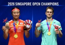 An Se Young, Alex Lanier Win 2026 Singapore Open Titles An Se Young and Alex Lanier celebrate their Singapore Open badminton titles after winning the women’s singles and men’s singles finals. (Photo: AFP)