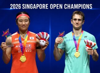An Se Young and Alex Lanier celebrate their Singapore Open badminton titles after winning the women’s singles and men’s singles finals. (Photo: AFP)